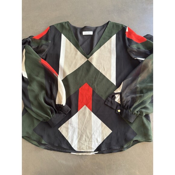 Calvin Klein Floral Blouse Tunic Top Size L Sheer Long Sleeve Green Orange Black - Picture 7 of 9